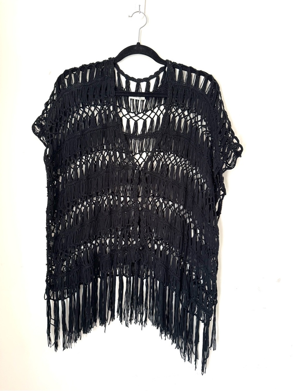 Verty Black Crochet and fringe poncho top